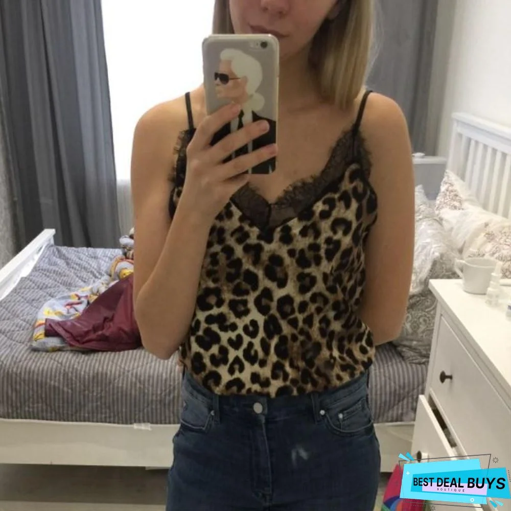 Women Sexy Sleeveless V Neck Leopard Print Snake Print Cami Lace Patchwork Slim Club Party Camisole