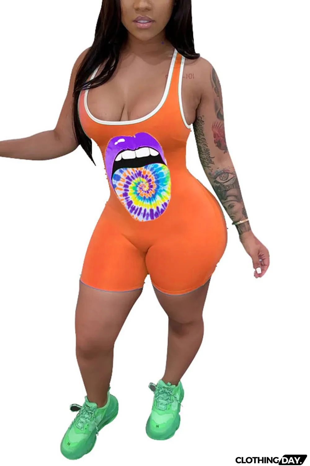 Blue Fashion Casual Print Patchwork Lip Polyester Sleeveless Slip Jumpsuits