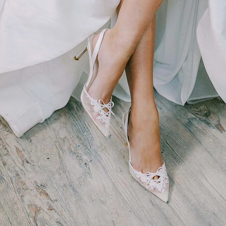 Elegant Ivory Lace Shoes Pointed Stiletto Heels Wedding Bow Pumps Vdcoo