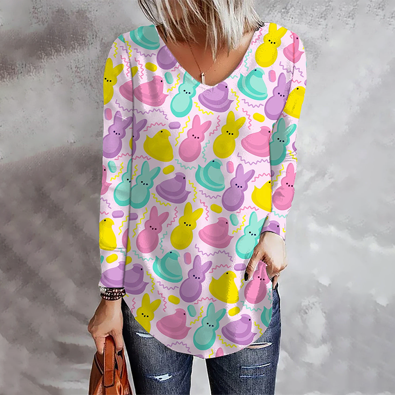 Easter Bunny Print Long Sleeve Casual T-Shirt wearshes