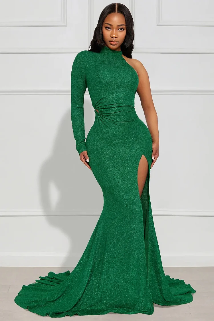 One Shoulder Long Sleeve Ruched Cut Out High Slit Formal Party Mermaid Maxi Dresses-Green
