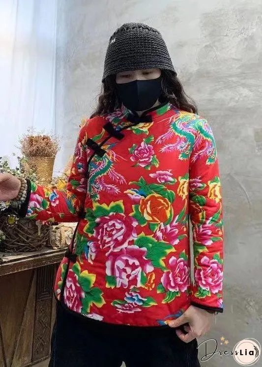 Red Print Fine Cotton Filled Coat Outwear Mandarin Collar Winter