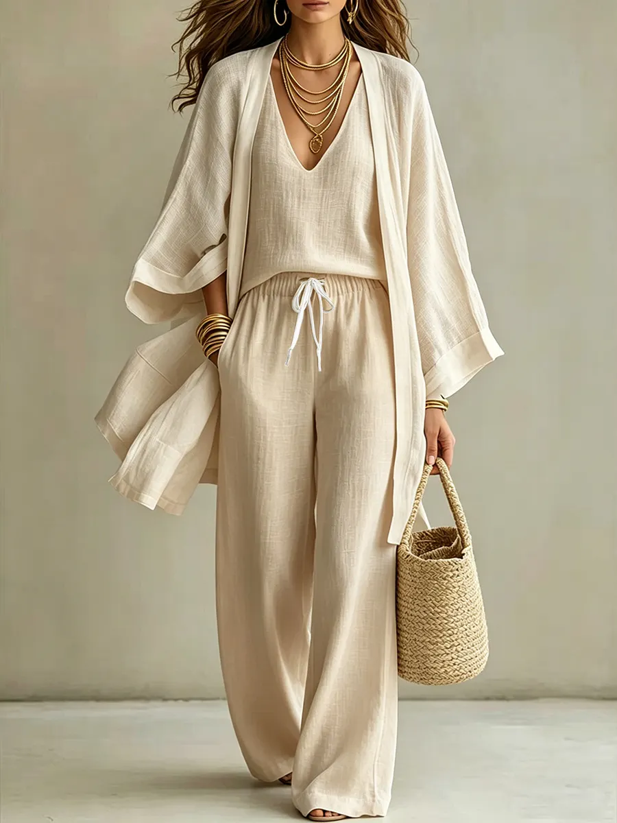 Women's 3 Pieces Linen Kimono Cardigan Tank & Wide Leg Pant Set
