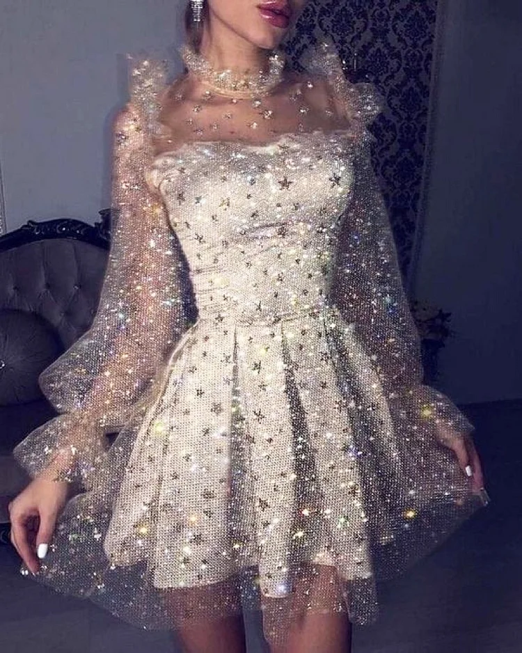 Party Shiny Mesh Star Sequin Short Dress