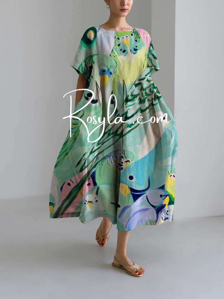 Women's Colorful Parrots Printing Loose Round Neck Medium Length Skirt Dress