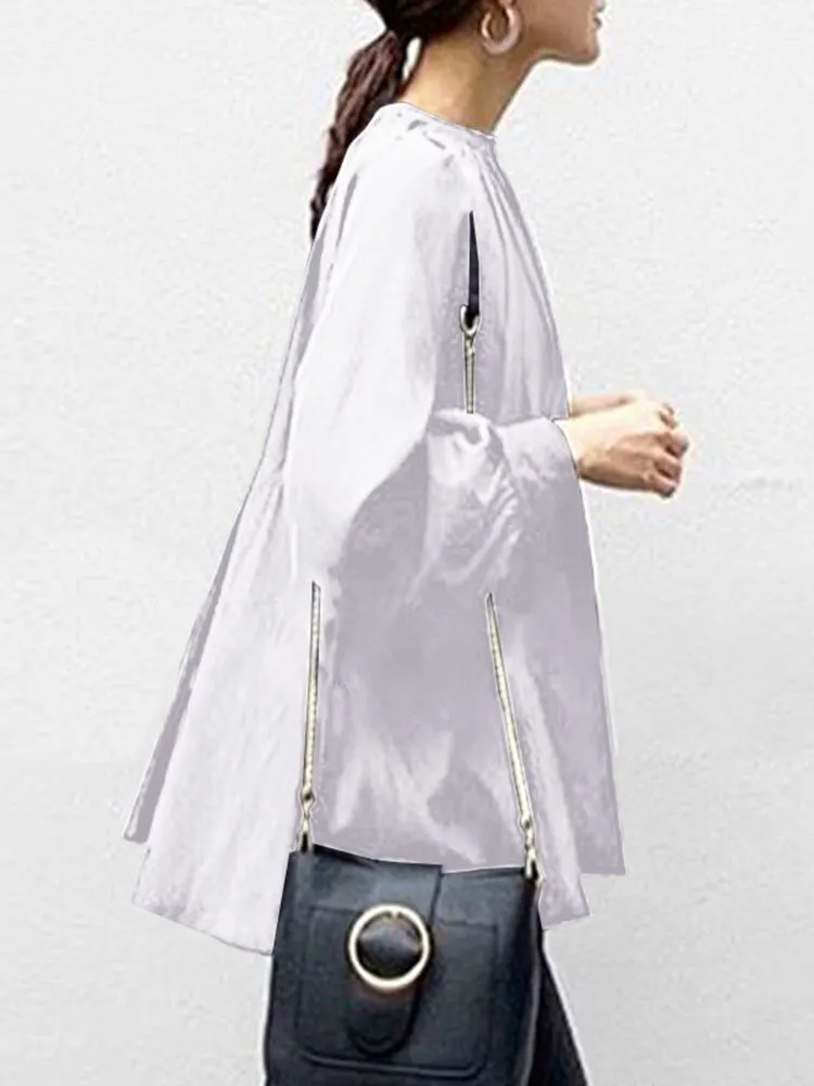 Solid Color Puff Sleeve Stand Collar Blouse