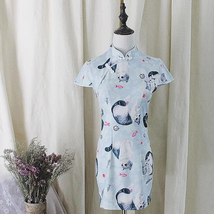 S/M/L Kawaii Cat Cheongsam Short Sleeve Dress SP152954