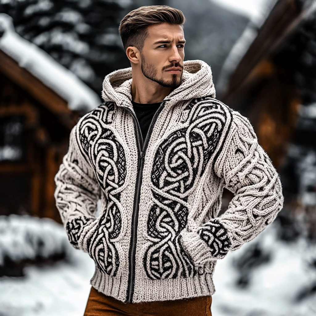 Men's Viking Tribal Jacquard Celtic Style Chunky Knit Hooded Cardigan Sweater
