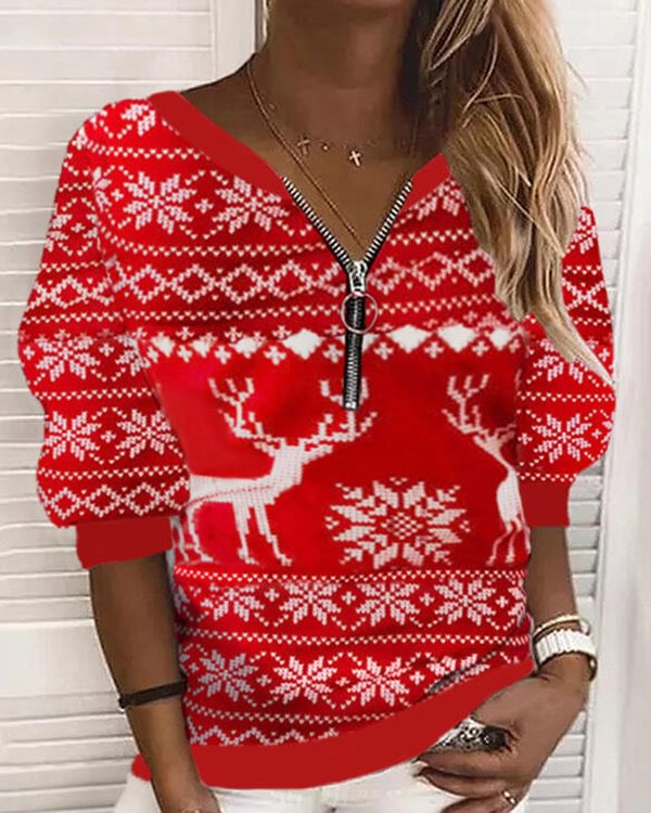 Christmas Print Reindeer V-Neck Long Sleeves Sweatshirt