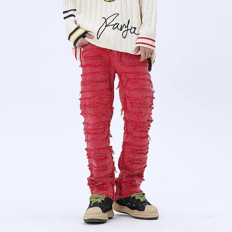 Solid Color Streetwear Retro Ripped Tassel Men's Jeans Stacked jeans at Hiphopee