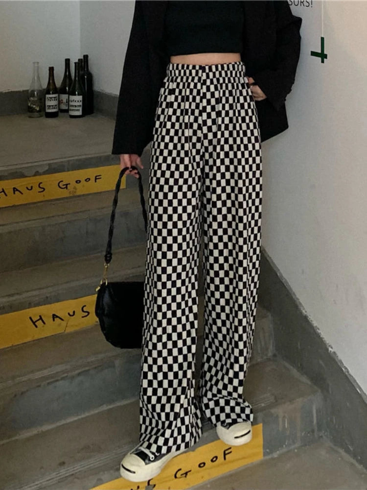 LANFUBEISI Korean Fashion Black White Plaid Pants Women Harajuku Wide Leg Checkerd Trousers For Female Streetwear High Wiast Jogger LANFUBEISI