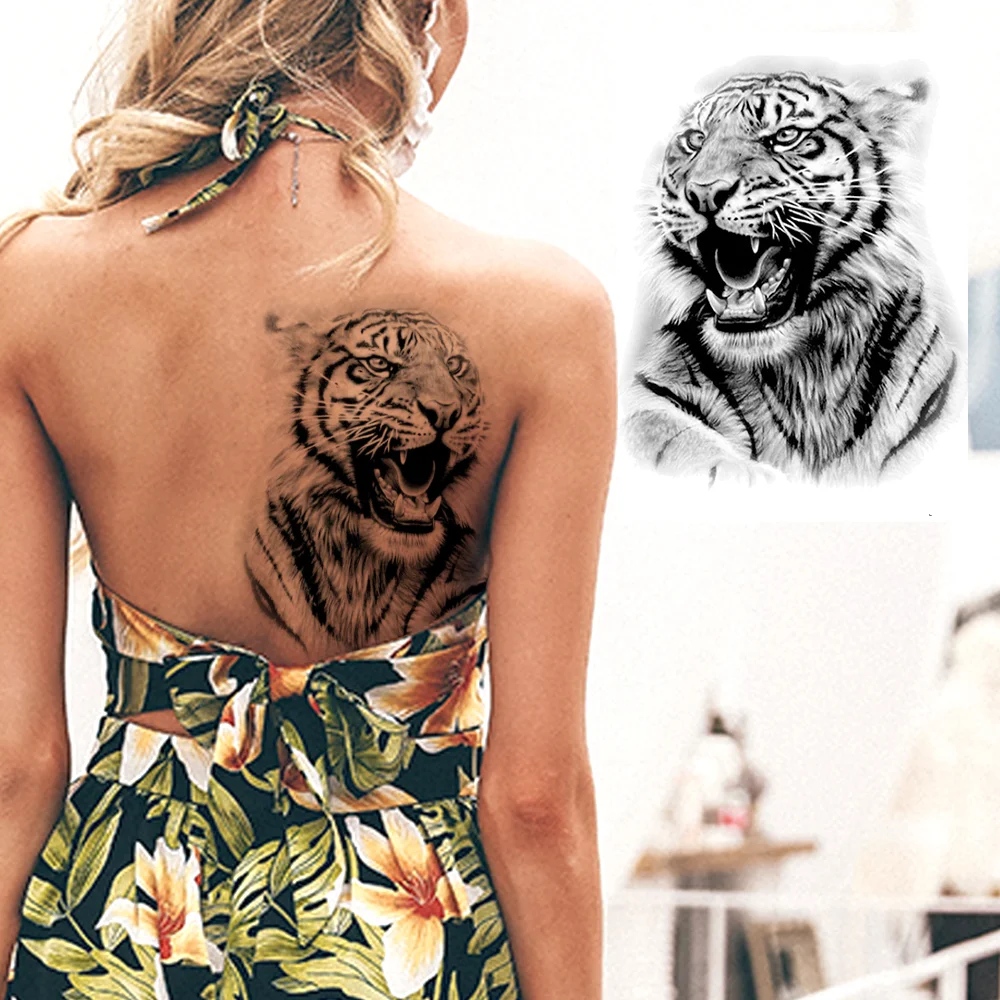 Sdrawing High Quality Lion Tiger Temporary Tattoos For Men Boys Realistic Fake Black Waterproof Tattoos Decal For Adult Party Supplies