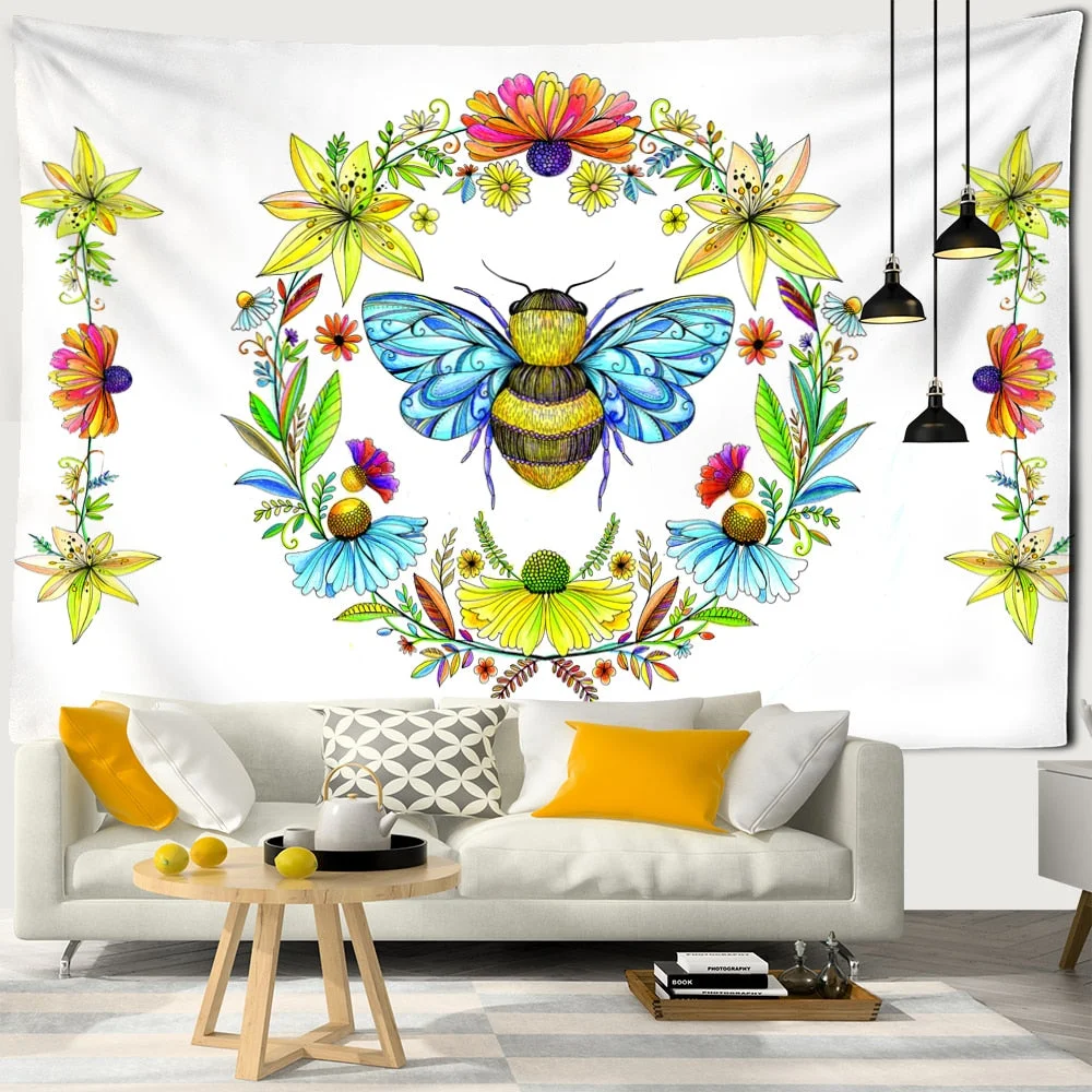 Plants Honeybee Tapestry Wall Hanging Bohemian Beach Mat Polyester Blanket Yoga Mat Home Bedroom Art Decor Custom Psychedelic