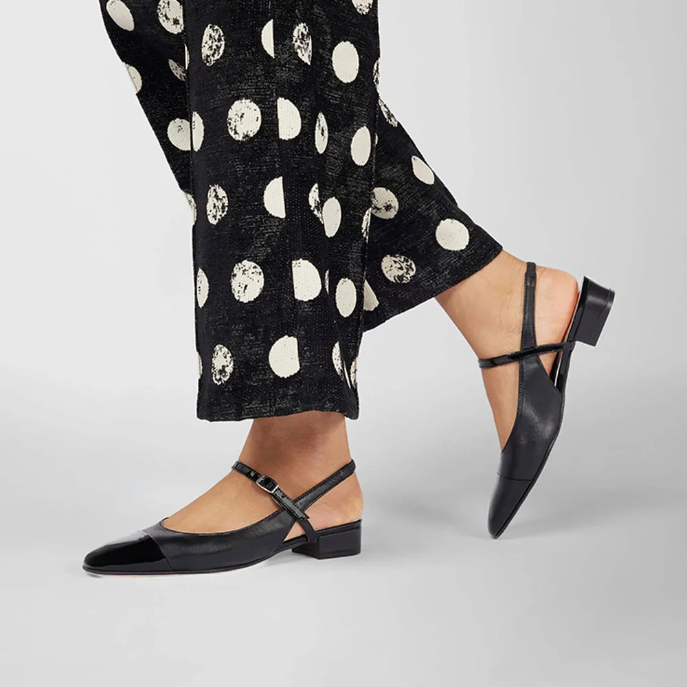 Black Square Toe Buckle Mary Jane Slingback Flat Shoes for Women