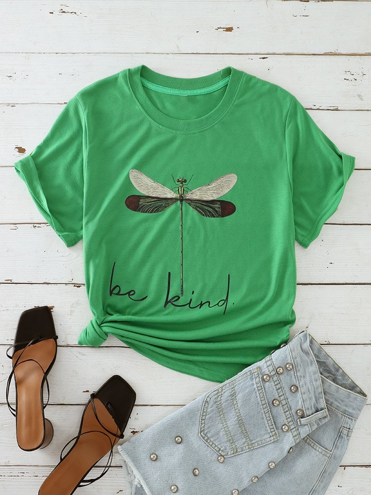 Aniaml Dragonfly Slogan Print Short Sleeve O neck Women T Shirt P1845077