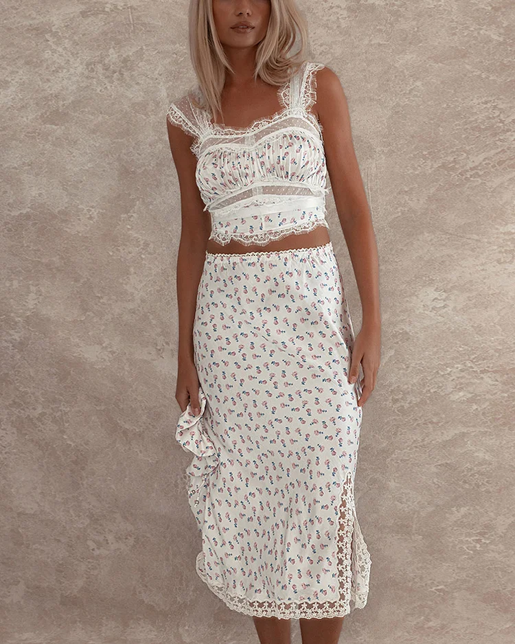 Sweet Floral Print Halter Top and Skirt Two-Piece Set