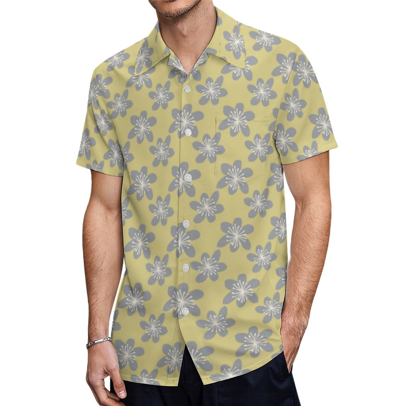 Elegant Yellow And Ultimate Grey Floral Pattern Hawaiian Shirt Mens Button Down Tropical Hawaii Beach Shirts