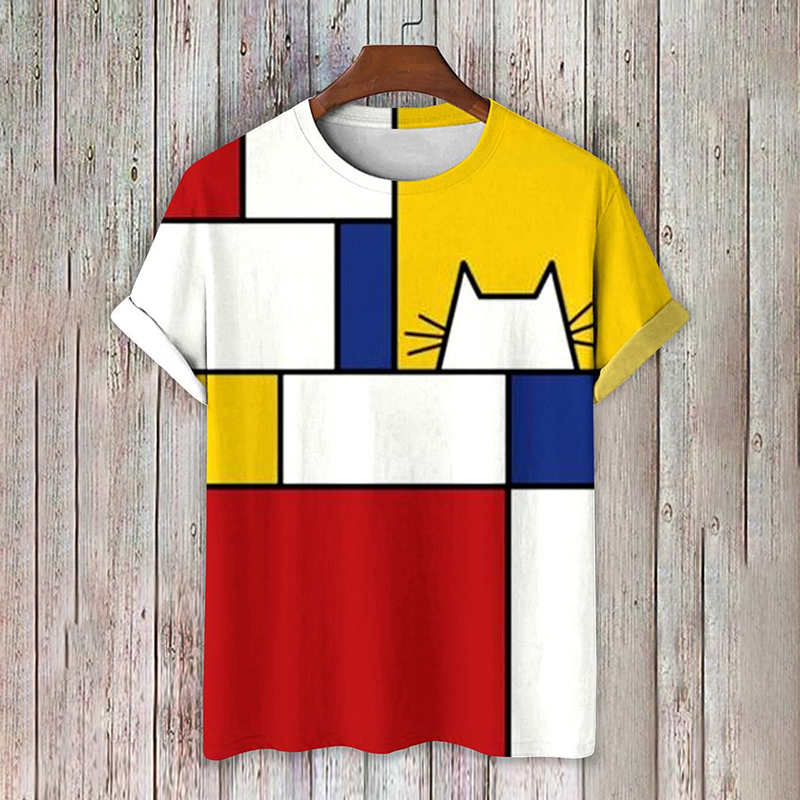 Red Yellow Blue Color Block Art Print Casual T-Shirt