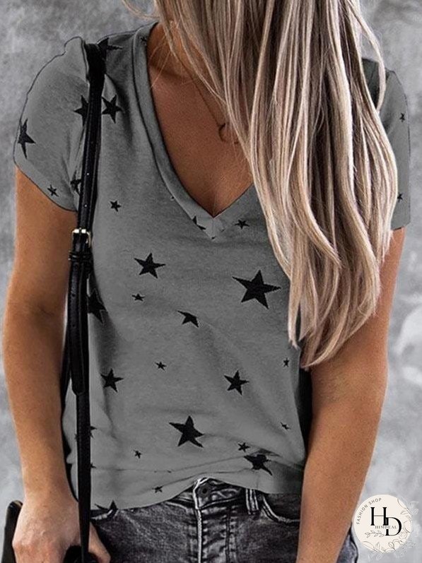 V-Neck Short Sleeve Starry T-Shirt Top