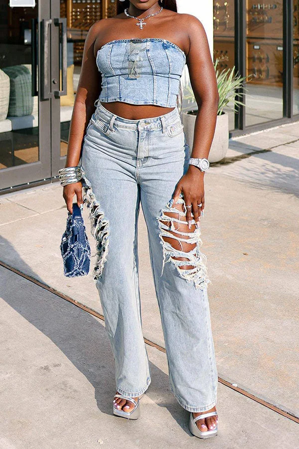 Solid Color Modern Side Ripped Jeans