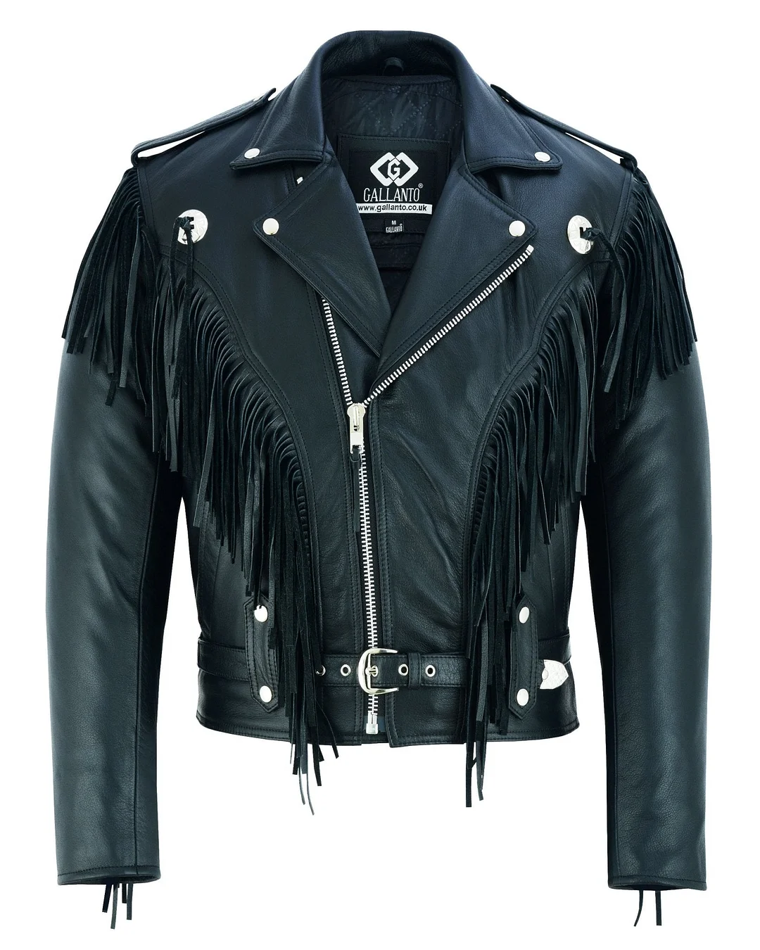 Black Biker Fringe Leather Jacket - Tassle Concho Premium Motorcycle