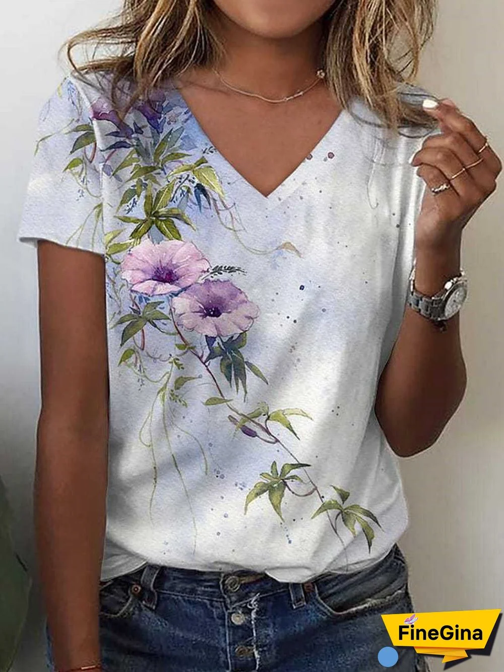 Women's Floral Printed Short Sleeve V-neck Top