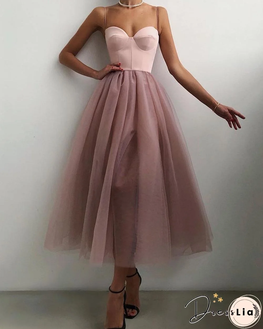 Spaghetti Strap Plain Sheer Mesh Evening Dress P15389