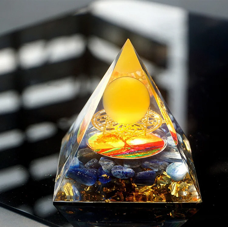 Yellow Jade With Kyanite Tree Of Life Orgone Pyramid