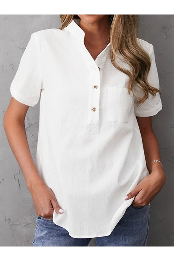 Women's Cotton Solid Color Buttons Casual Stand Collar Short Sleeve White Blouse