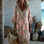 Women's Bohemian Style Pink Rose Embroidery Comfortable Holiday Dress - Image 2