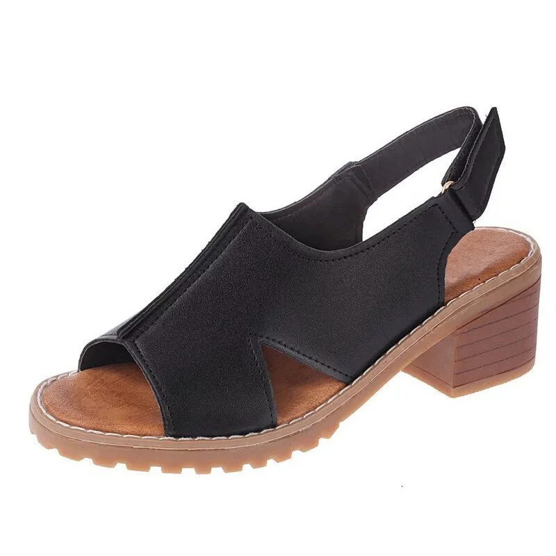 Women Sandals Summer Ladies Peep Toe Pu Leather Shoe Chunky Heels Slingbacks Woman Non Slip Buckle Strap Casual Female Elegant
