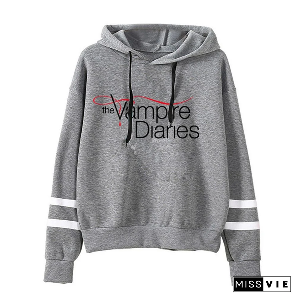 New Womens Long Sleeve Young Girl Fleece Hoodie The Vampire Diaries Stripe Hooded Casual Tops Pullover Sweatshirt