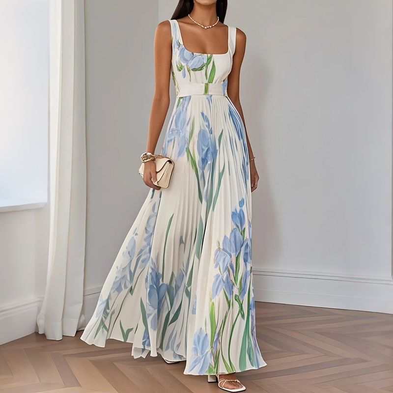 Elegant Floral Pattern Sleeveless Pleated Dress elevenforest