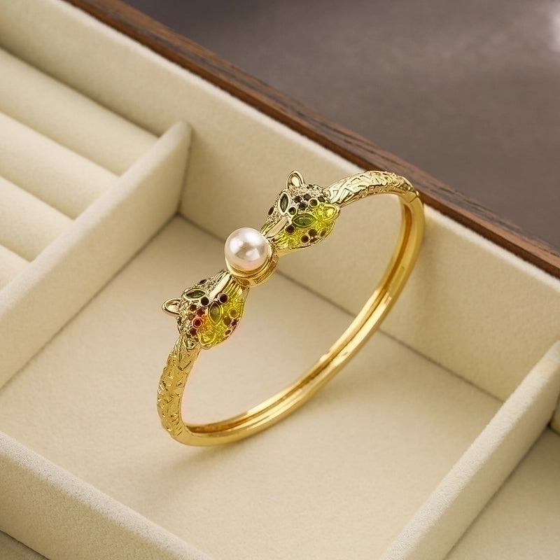 2 Pieces Hip-hop Leopard Copper 18k Gold Plated Pearl Zircon Bangle In Bulk
