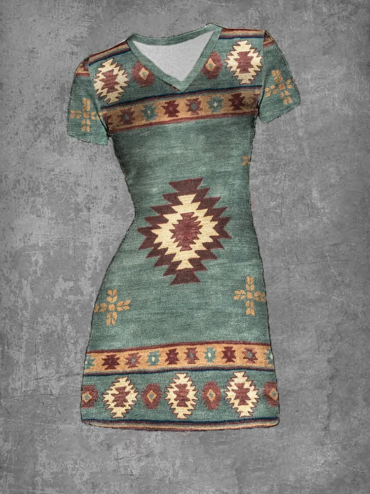 Women's Vintage Western Aztec Style Print V-Neck Dress