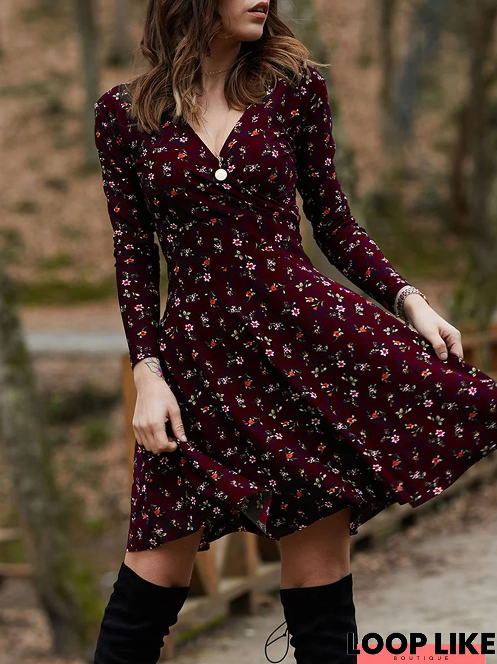 Dress Floral Long Sleeve V-Neck Dress Big Swing Dress