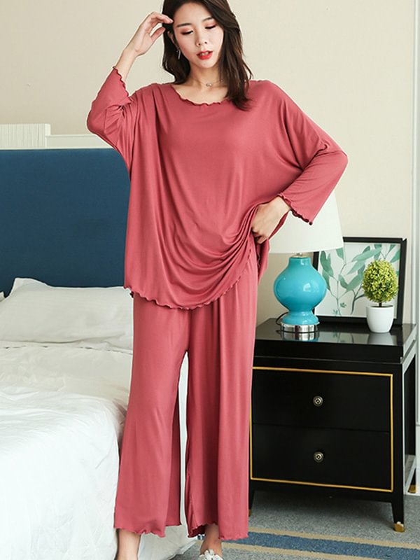 2PCS Plus Size Solid Color Round-Neck Top&Bottom Pajama Set