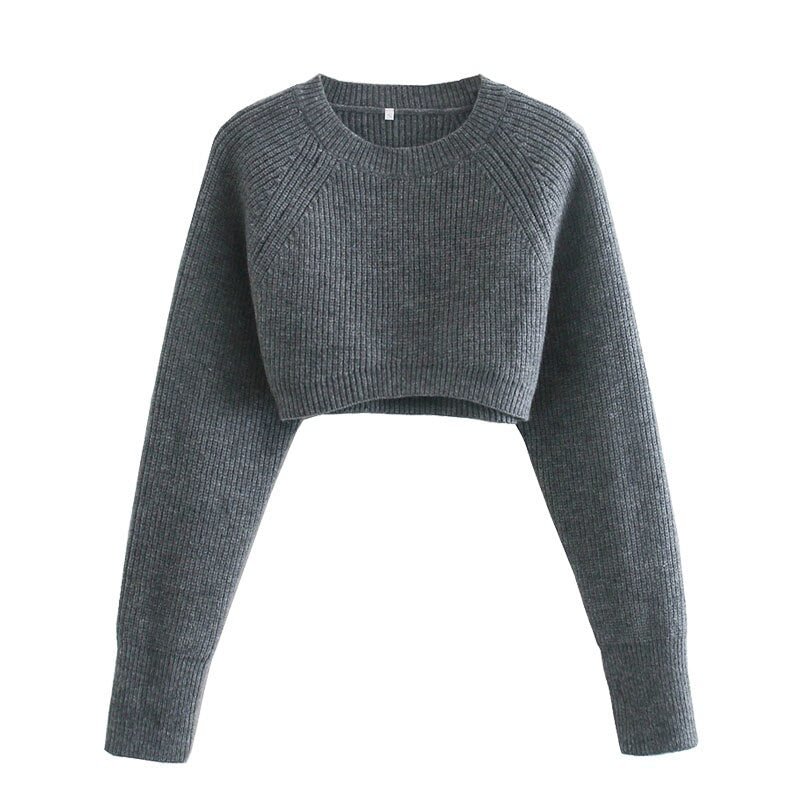 TRAF Women Fashion Cropped Knitted Sweater Vintage O Neck Long Sleeve Pullovers Chic Tops