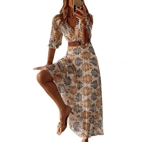 Summer Beach Women Casual Bohemian Short Sleeve Loose High Waist Print Dress