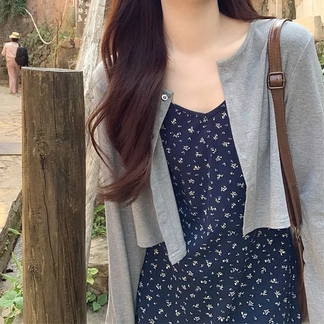 Strap Floral Crop A-Line Spaghetti Dress / Melange Cardigan Mini