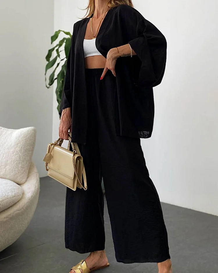 Cardigan Top Wide Leg Pants Two Piece Set
