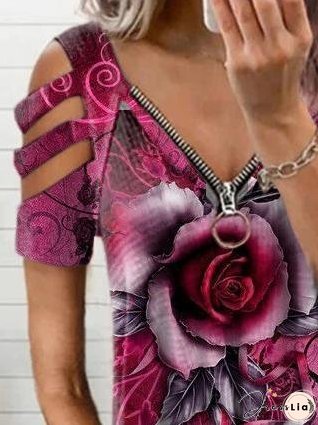 Printed V-neck Off Shoulder T-shirt