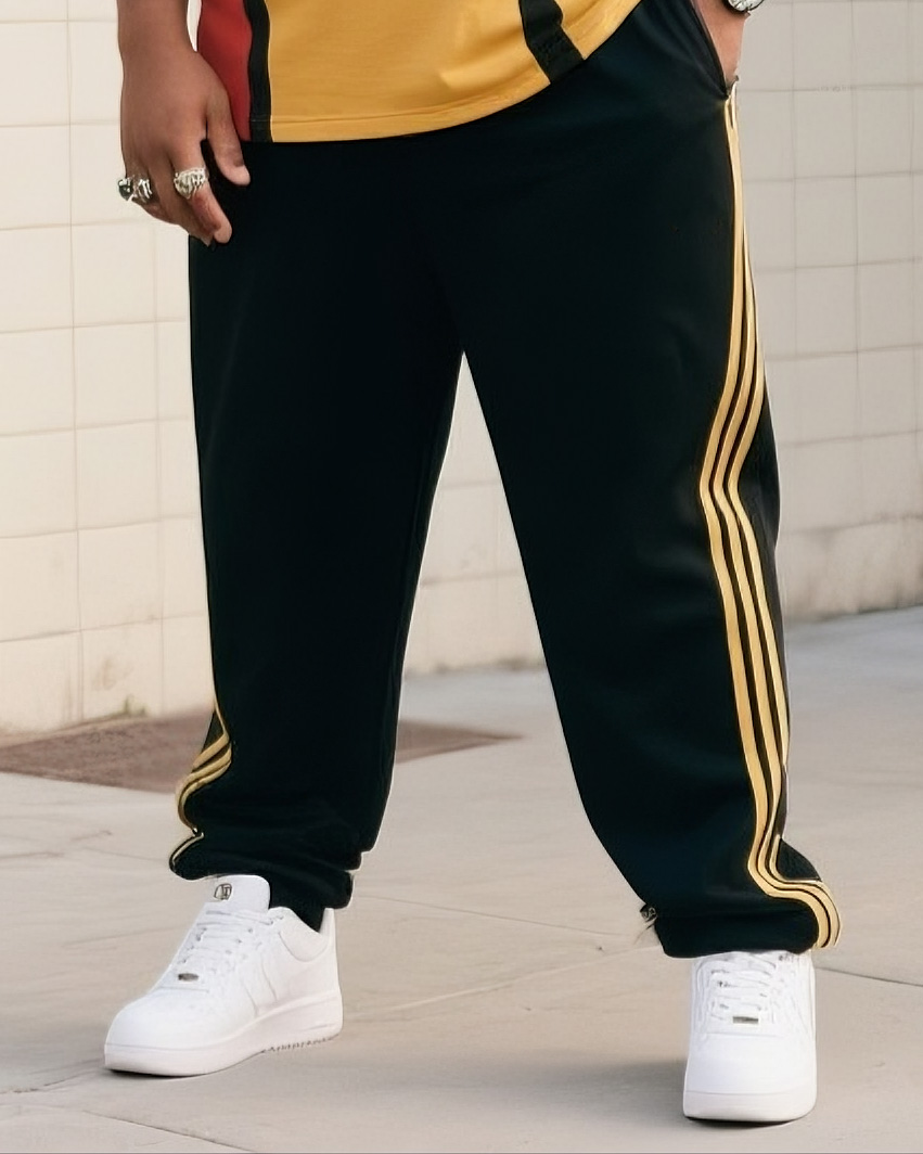 Big Boy's Daily Casual Art Square Color-matching Striped Crewneck Short-sleeve T-shirt Striped Trousers