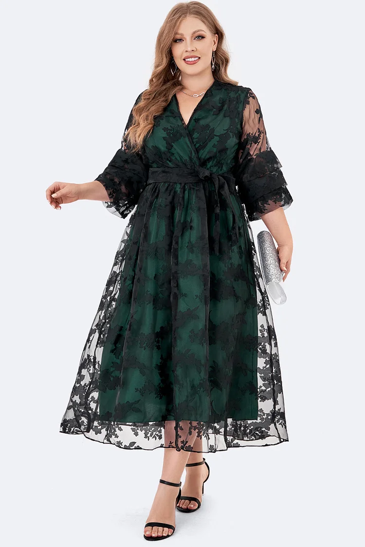 Flycurvy Plus Size Mother Of The Bride Dark Green Organza Jacquard 3/4 Sleeve Tunic Tea-Length Dress  Flycurvy [product_label]