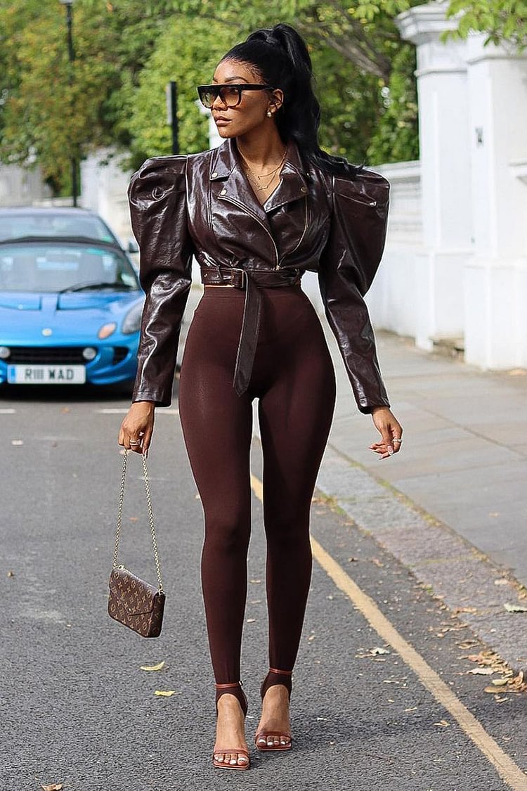 PU Faux Leather Blouse Crop Tops Bomber Jacket