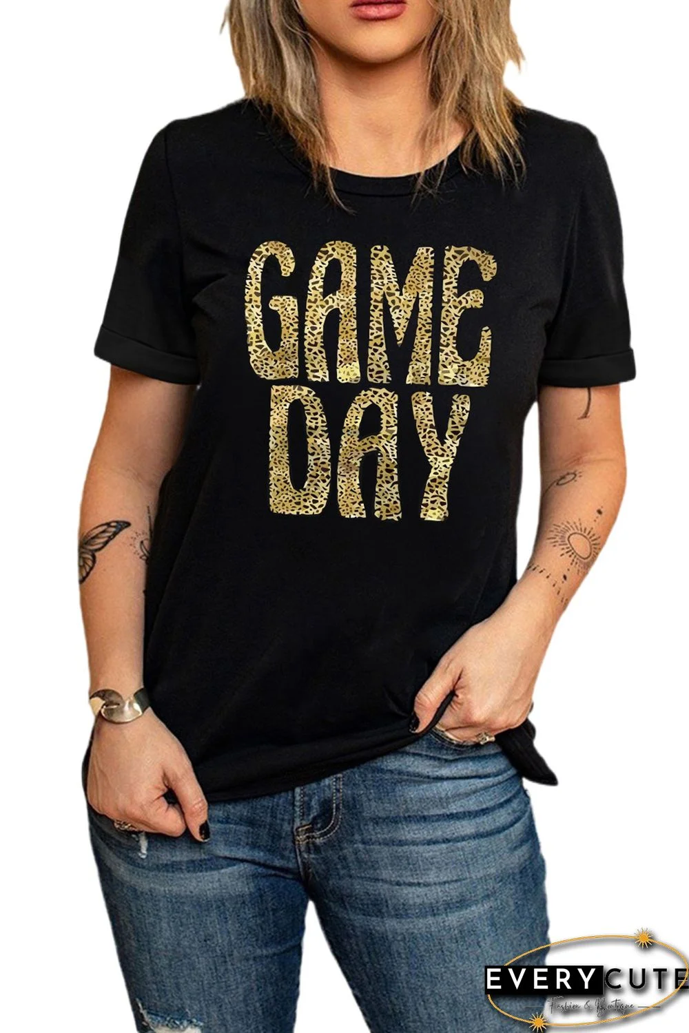 Black GAME DAY Leopard Print Short Sleeve T Shirt