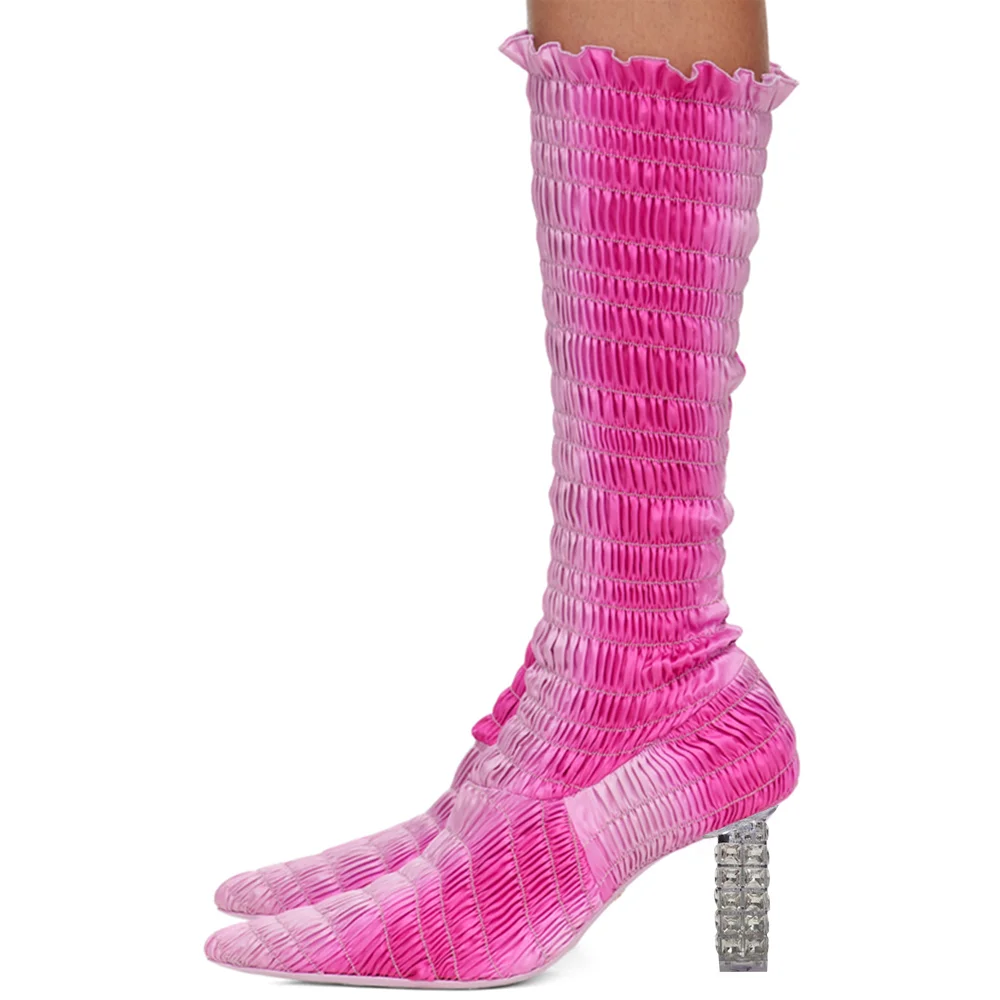 Gradient Fuchsia Pleated Calf Boots Decorative heel Block Heel Sock Boots Nicepairs