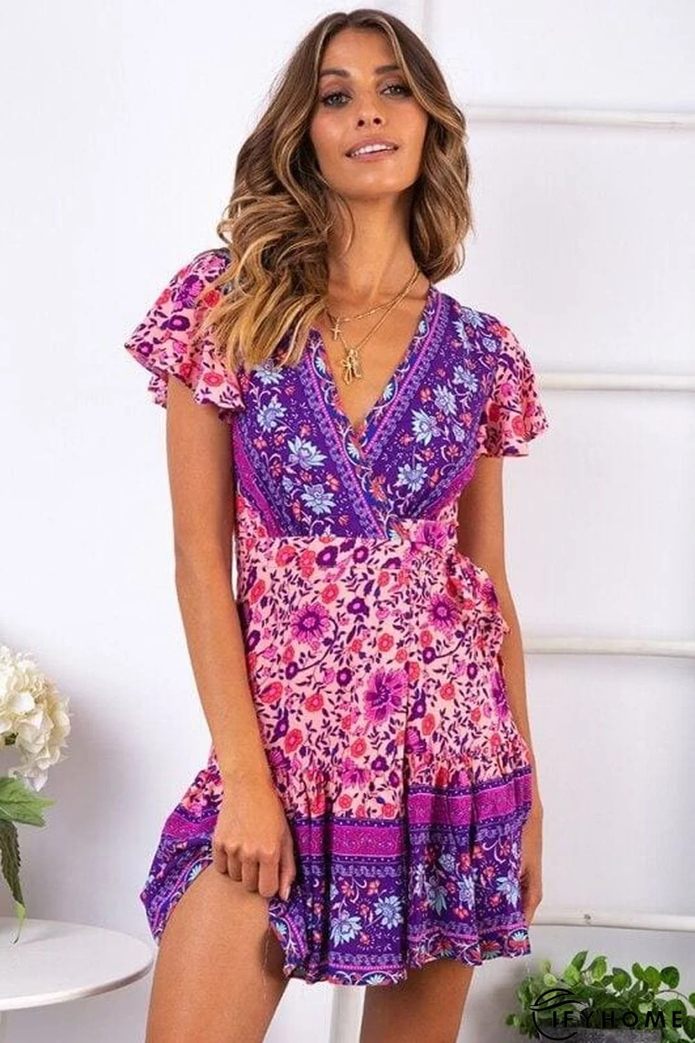 Vintage Women Short Sleeve Wrap Boho Floral Mini Dress Ladies Summer Sundress Holiday V neck Short Sleeve Print Dress | IFYHOME