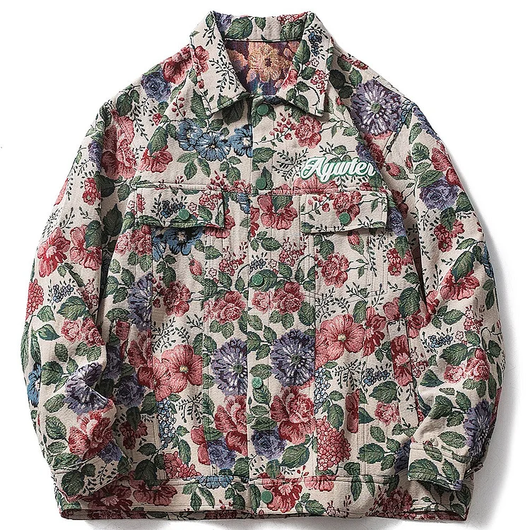 Men's Baggy Jacket Abstract Flower and Grass Embroidery Splicing Hip Hop Single Breasted Coat Couple Fashion Streetwear