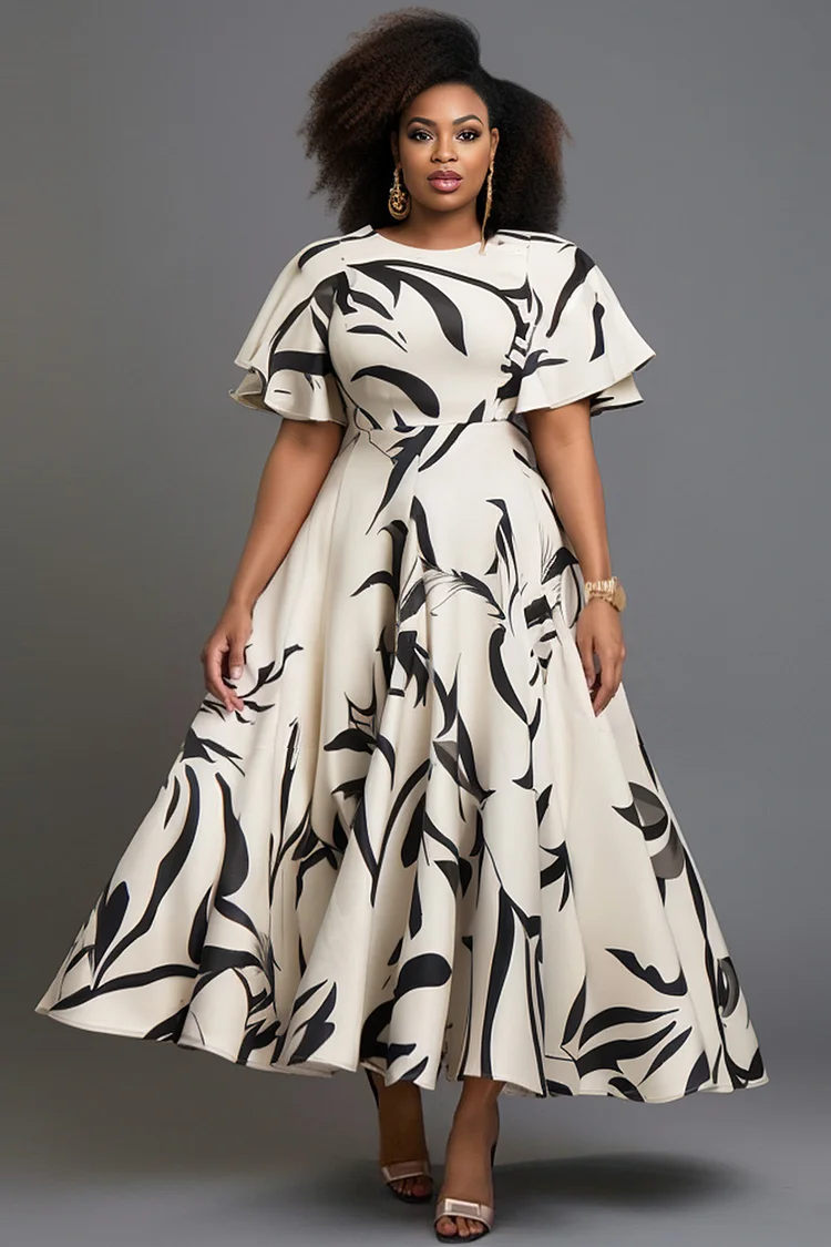 Xpluswear Design Plus Size Churchs White All Over Print Round Neck Flutter Sleeve Short Sleeve Pocket Elegant Midi Dresses [Pre-Order]